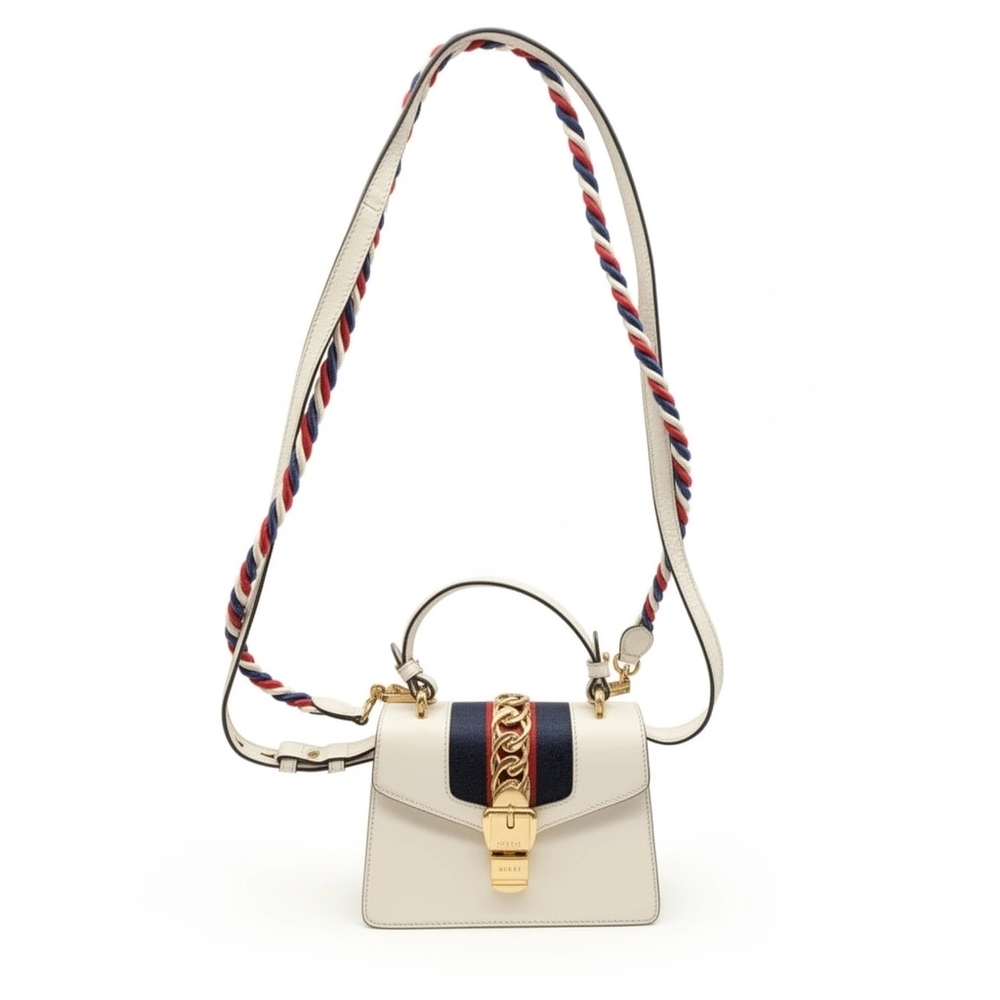 Gucci Sylvie small Cream Leather Top Handle Crossbody Bag with Red & Blue Strap